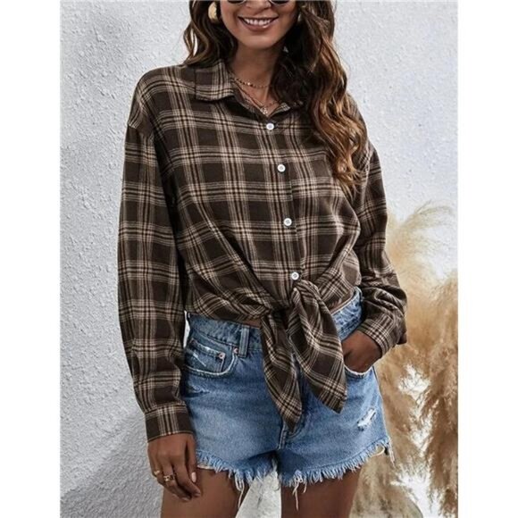 Womens Flannel Plaid Shirts Oversized Button Down Shirts Blouse Tops - Picture 4 of 6
